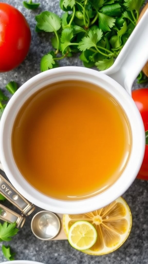 A bowl of clam juice substitute made with vegetable broth and seasonings, placed amidst fresh ingredients in a kitchen.